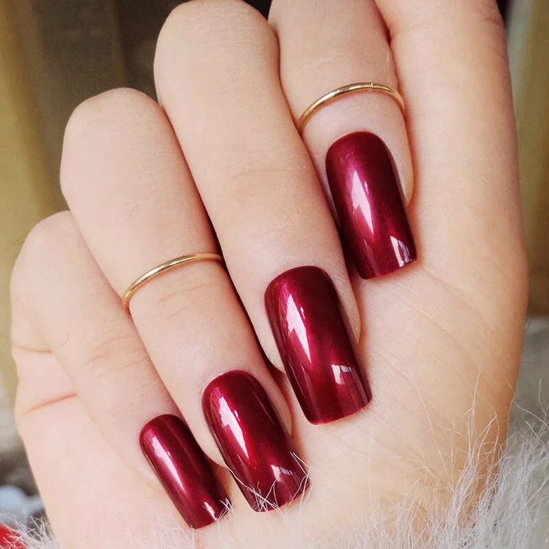 24pcs/set Vampire Wine Red Fake Nails Long Square Plastic Solid Full Press on Nail Tips Free With Nail Glue-Nail Inspo