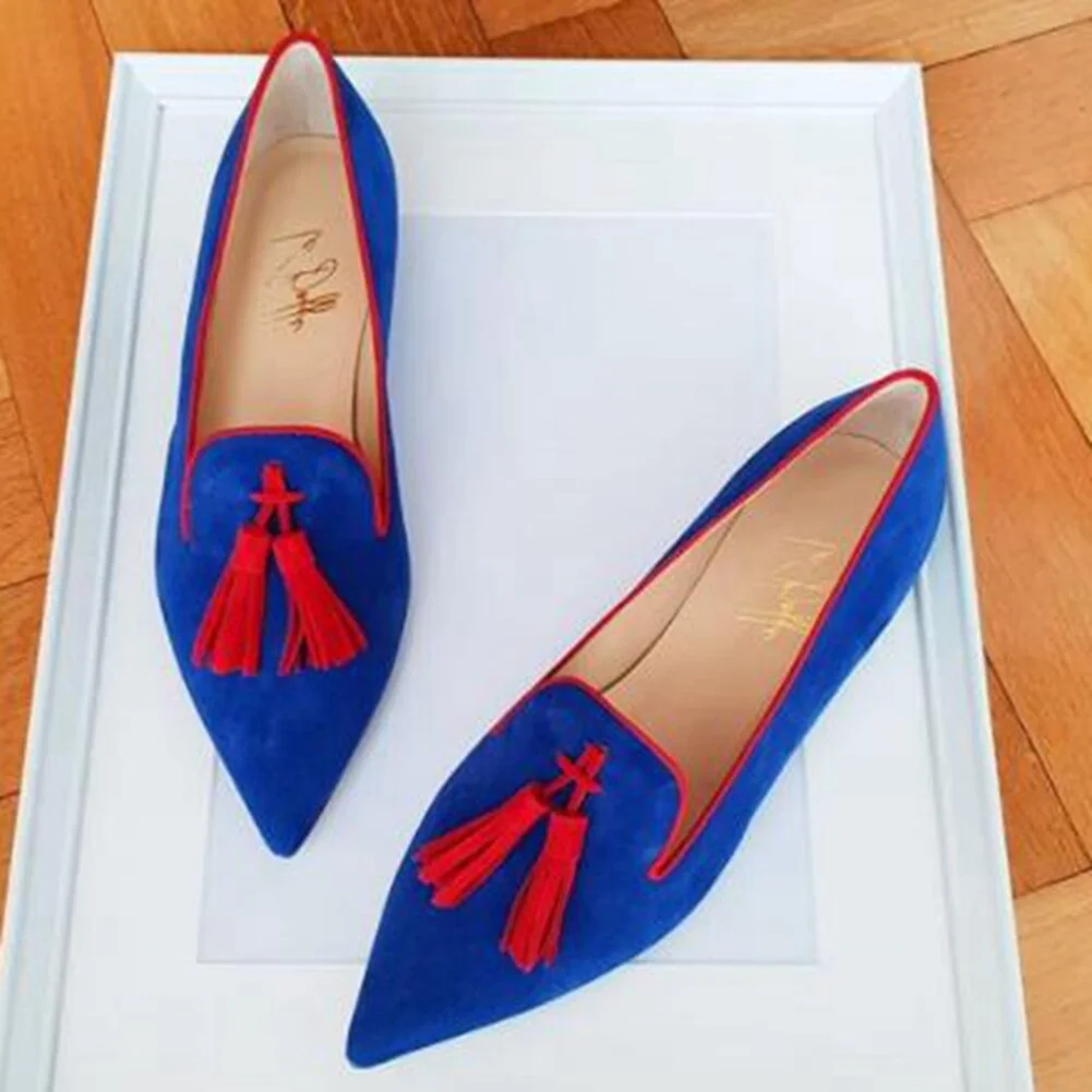 Breakj Pointed Toe Flat Shoes Elegant Low Heel Fringe Mules Women New Brand Concise mxed-color Mules