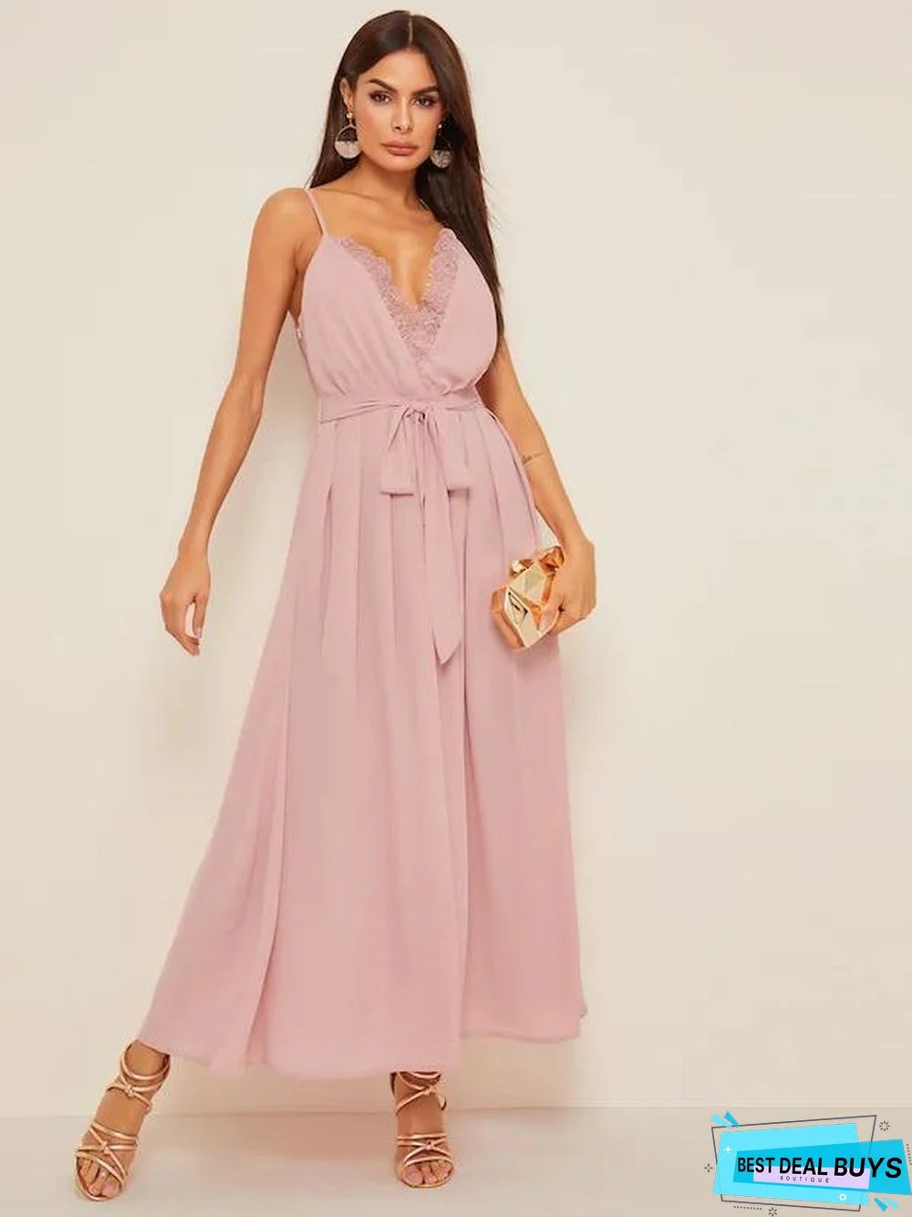 Plunging Neck Eyelash Lace Trim Belted Cami Dress