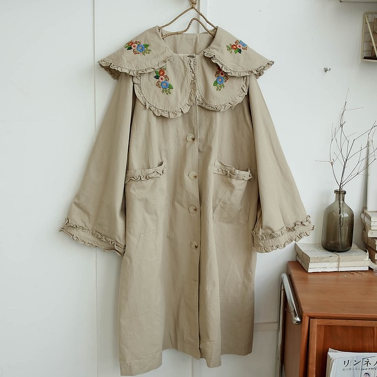 Queenfunky cottagecore style Cute Oversized Embroidered Collar Trench Coat QueenFunky