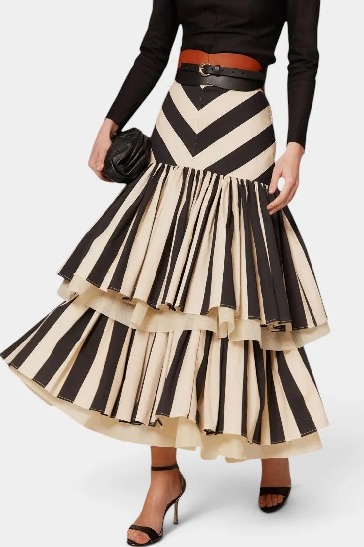 Chevron & Tiered Striped Midi Skirt