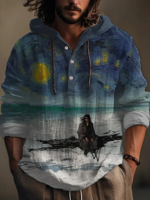 Men's Retro Seaside Japanese Art Print Hooded Shirt