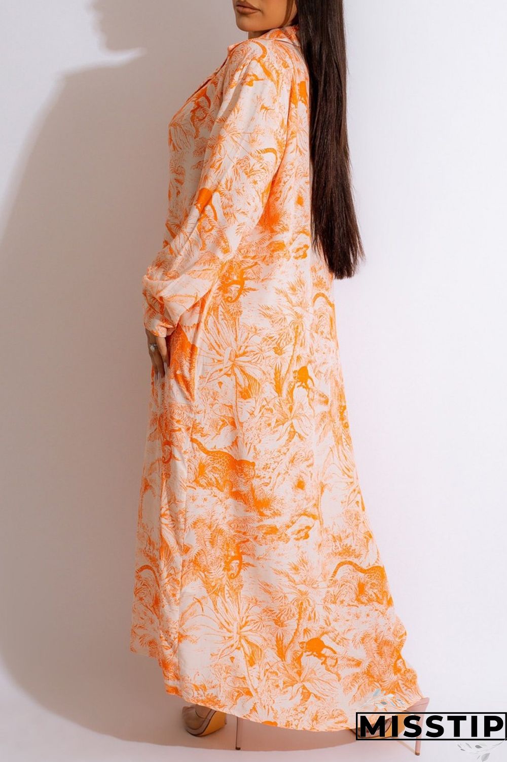 Orange Casual Print Patchwork Shirt Collar Long Sleeve Dresses