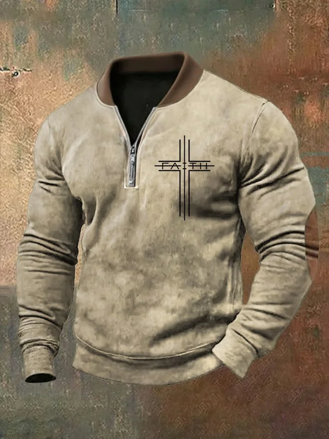 🔥Buy 3 Get 15% Off🔥Men's Faith Cross Print Zipper Neck Casual Sweatshirt 