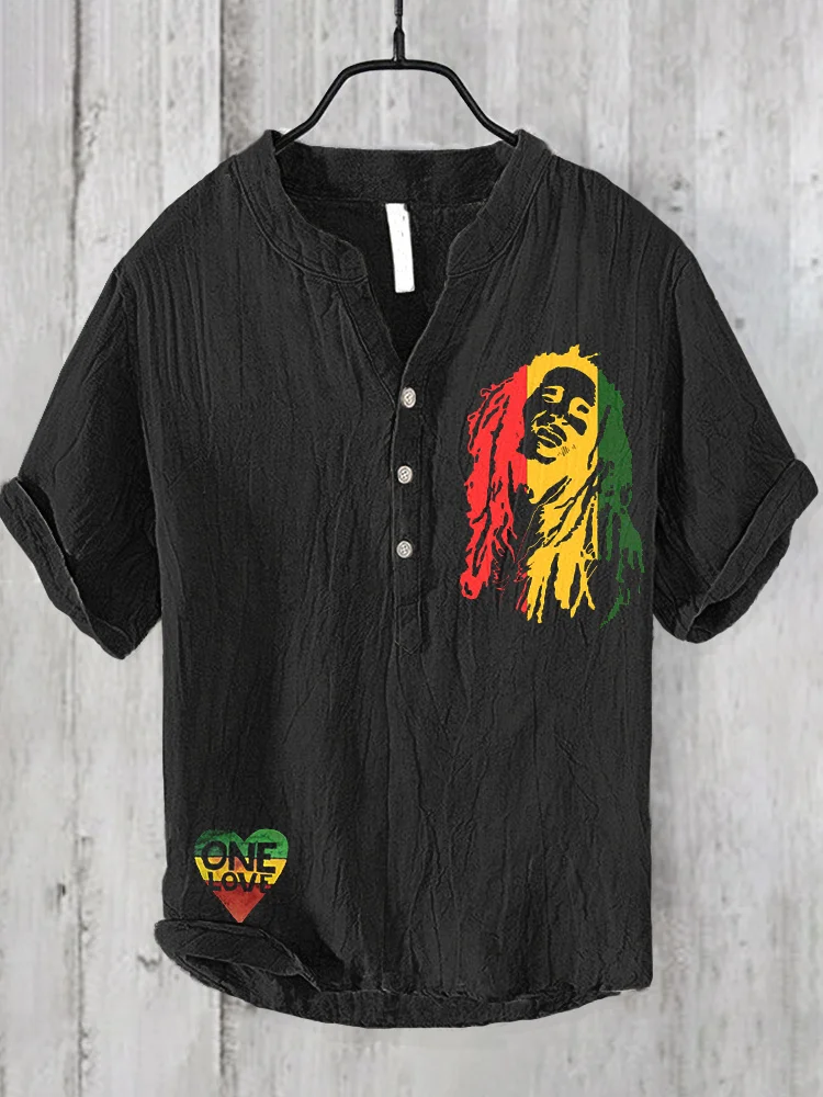VChics Men's Reggae Print Linen Blend Casual Shirt
