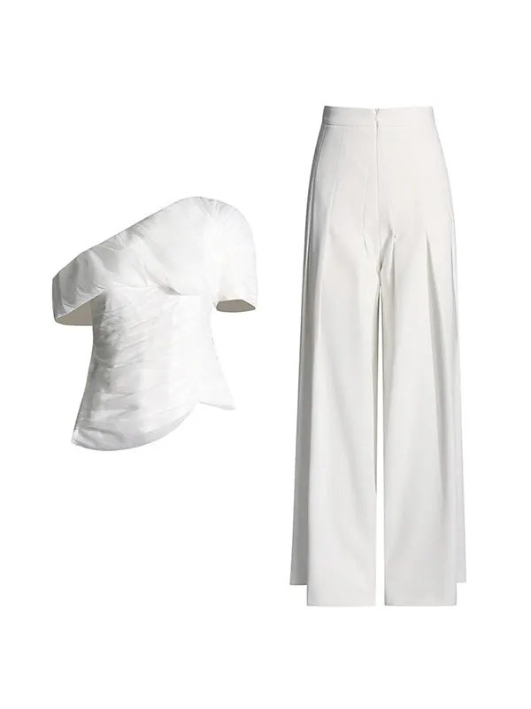 Loose Pleated Solid Color Asymmetric One-Shoulder T-Shirt Top High Waisted Zipper Pants