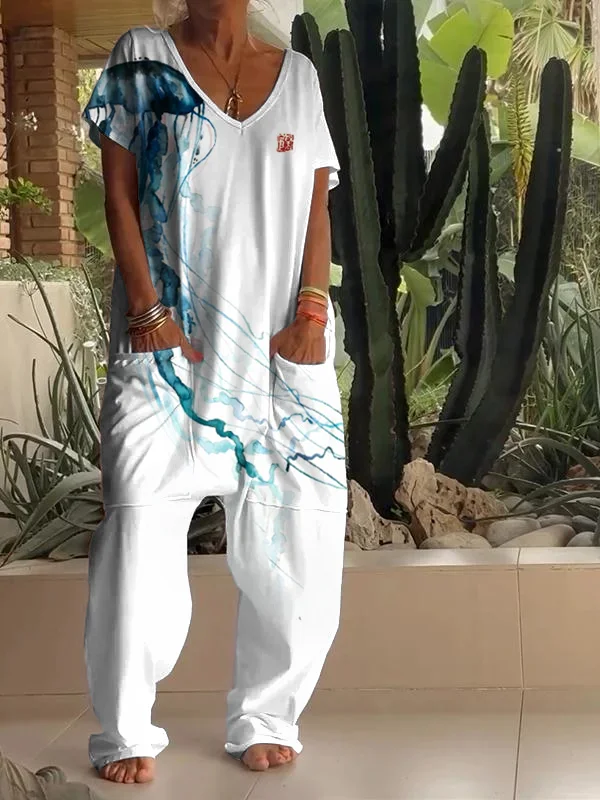 Casual Jellyfish Art Print V Neck Jumpsuit