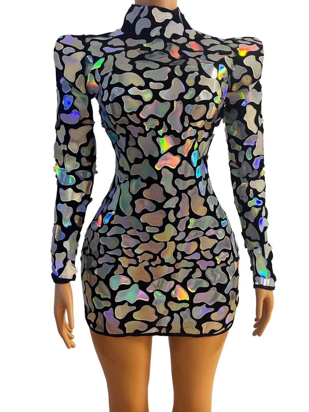 VCSHOES Glitter Silver Laser Mirror Sequins Short Dress Bar Nightclub Women Singer Stage Performance Costume Party Show Dance Clothes