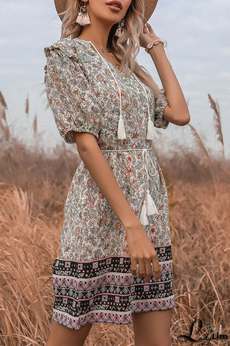 Elegant Floral Tassel Frenulum V Neck A Line Dresses