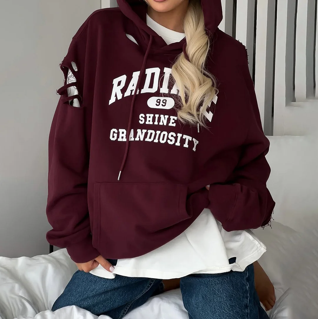 Athvotar Athvotar Style Retro Hottie Letter Print Dress Girl Spring New Rotten Hooded Loose Top