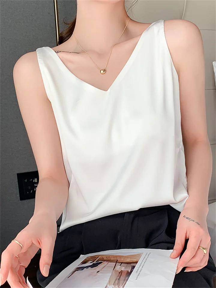Sling Women's Large Size Outside The New Solid Color Satin Inside The Undershirt Summer Sexy V-neck Temperament Elegant Tops