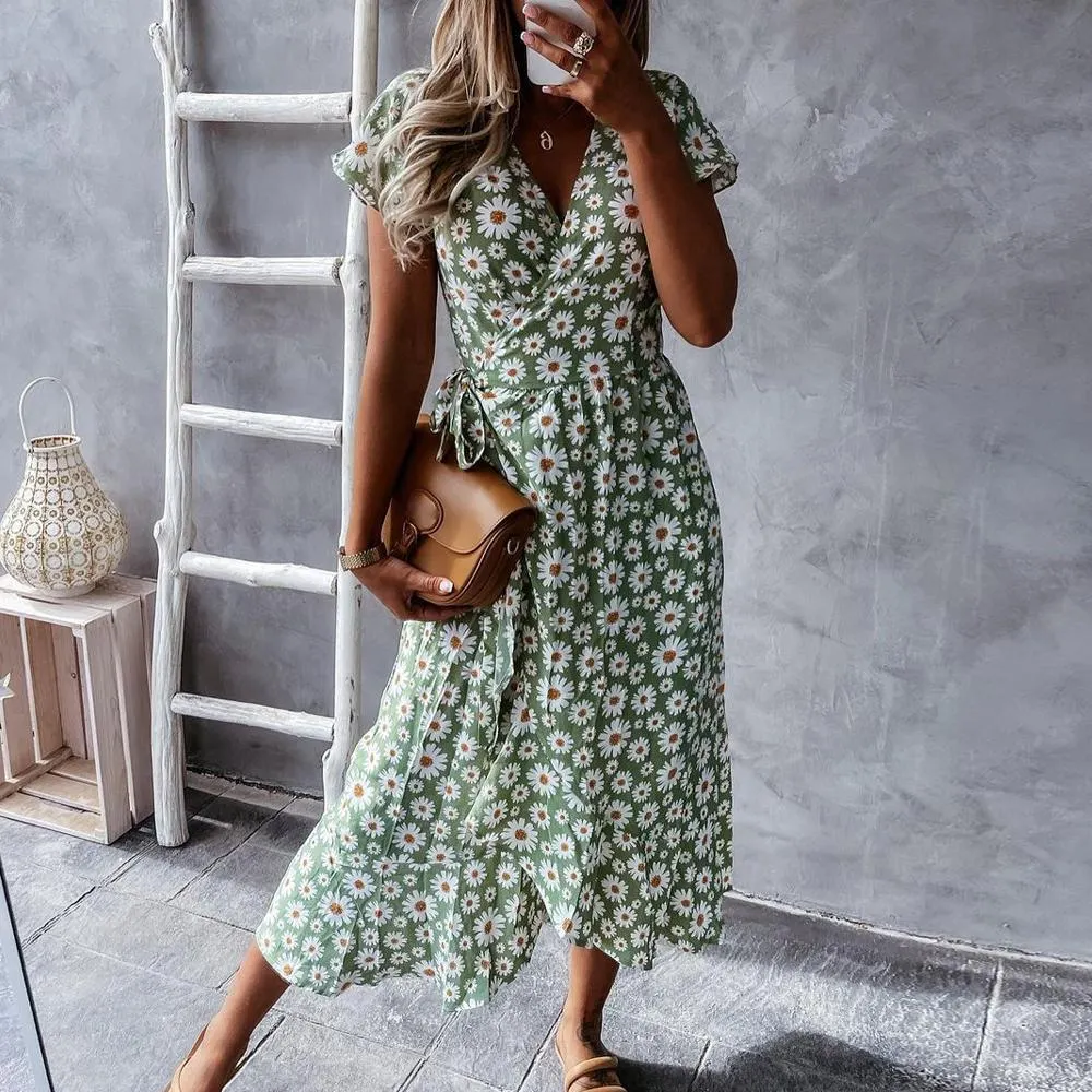Youthful Floral Print Short Sleeve Midi Dress-vocosishoes