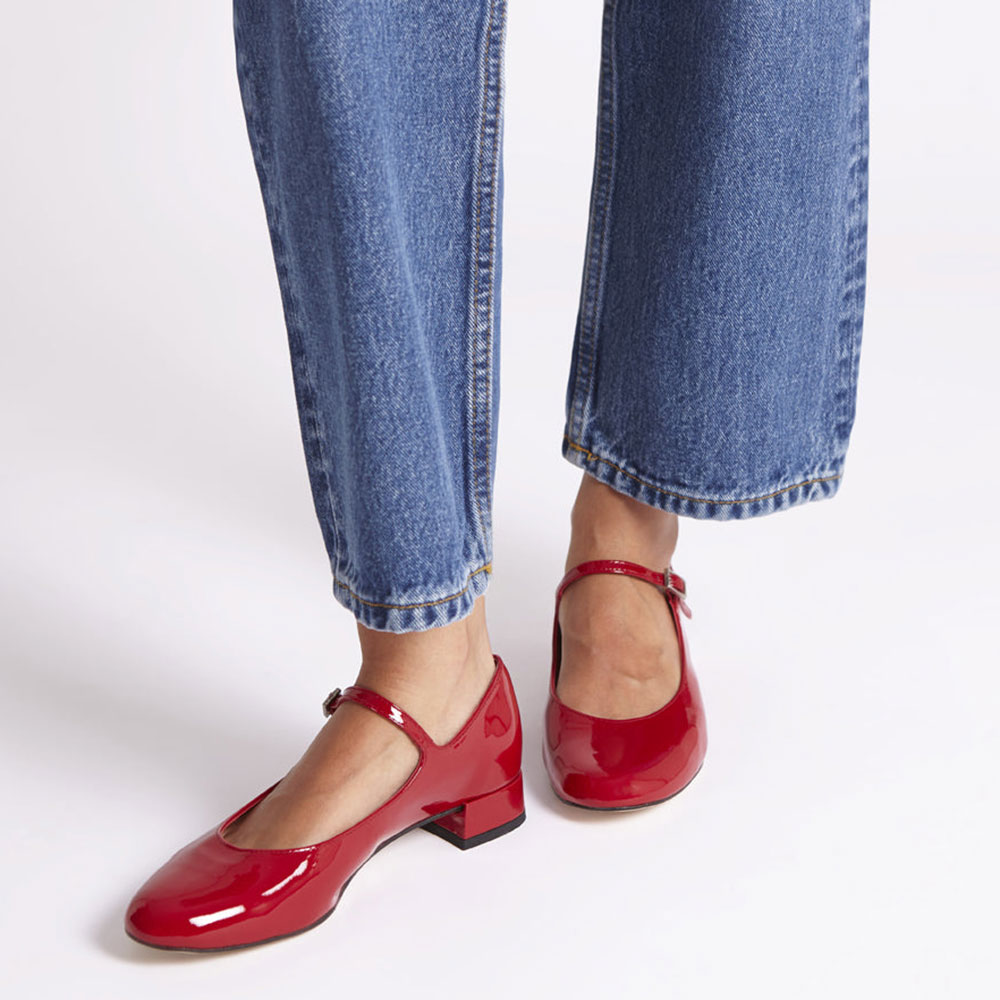 Red Patent Leather Round Toe Buckle Strap Elegant Mary Jane Flats Nicepairs