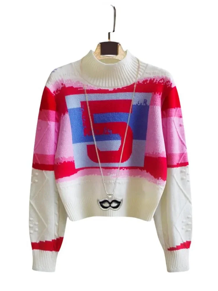 Huiketi Letter Striped Turtleneck Sweater Women Autumn Winter Clothes Y2k Vintage Sweaters Pink Chic Knitwear Top Pull Femme