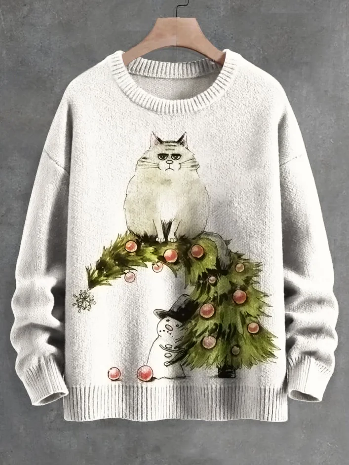 Men's Cat Standing On The Christmas Tree Print Knit Sweatshirt