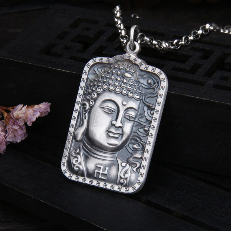 Buddha 999 Sterling Silver Swastika Heart Sutra Compassion Necklace Pendant