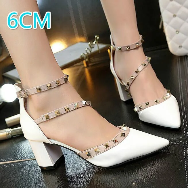NEW Woman High Heels Shoes Ladies Sexy Pointed Toe Pumps Buckle Rivets Nude Heels Dress Wedding Shoes Dropshipping