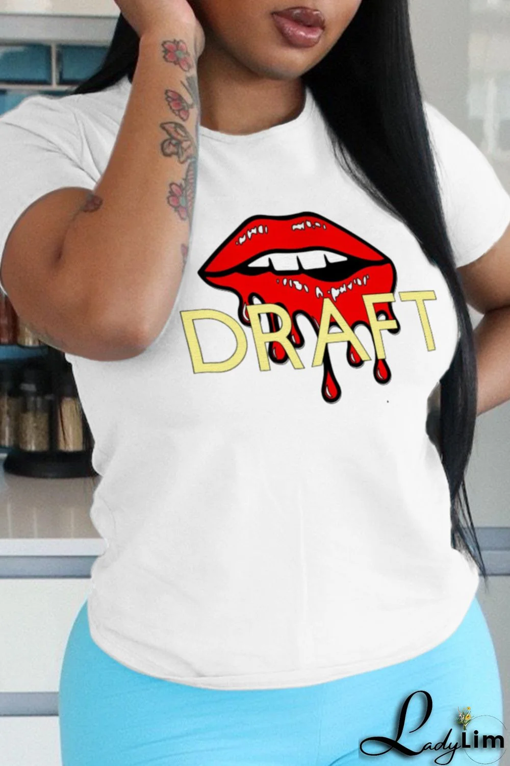 White Fashion Street Lips Printed Split Joint Letter O Neck T-Shirts