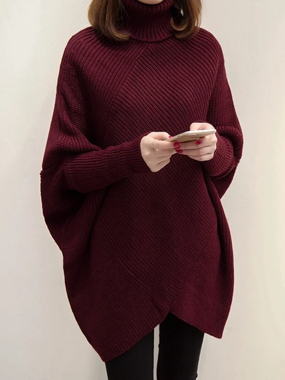 Bat Sleeve Sweater Irregular Turtleneck Split Sweater