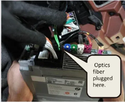 BMW F10 Android screen main harness connected with the fibre-optic insert fitted