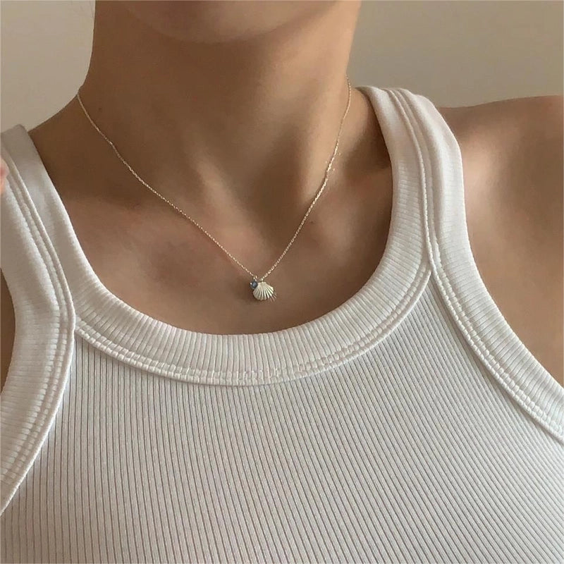 925 Sterling Silver Rhinestones Inlay Shell Pendant Necklace