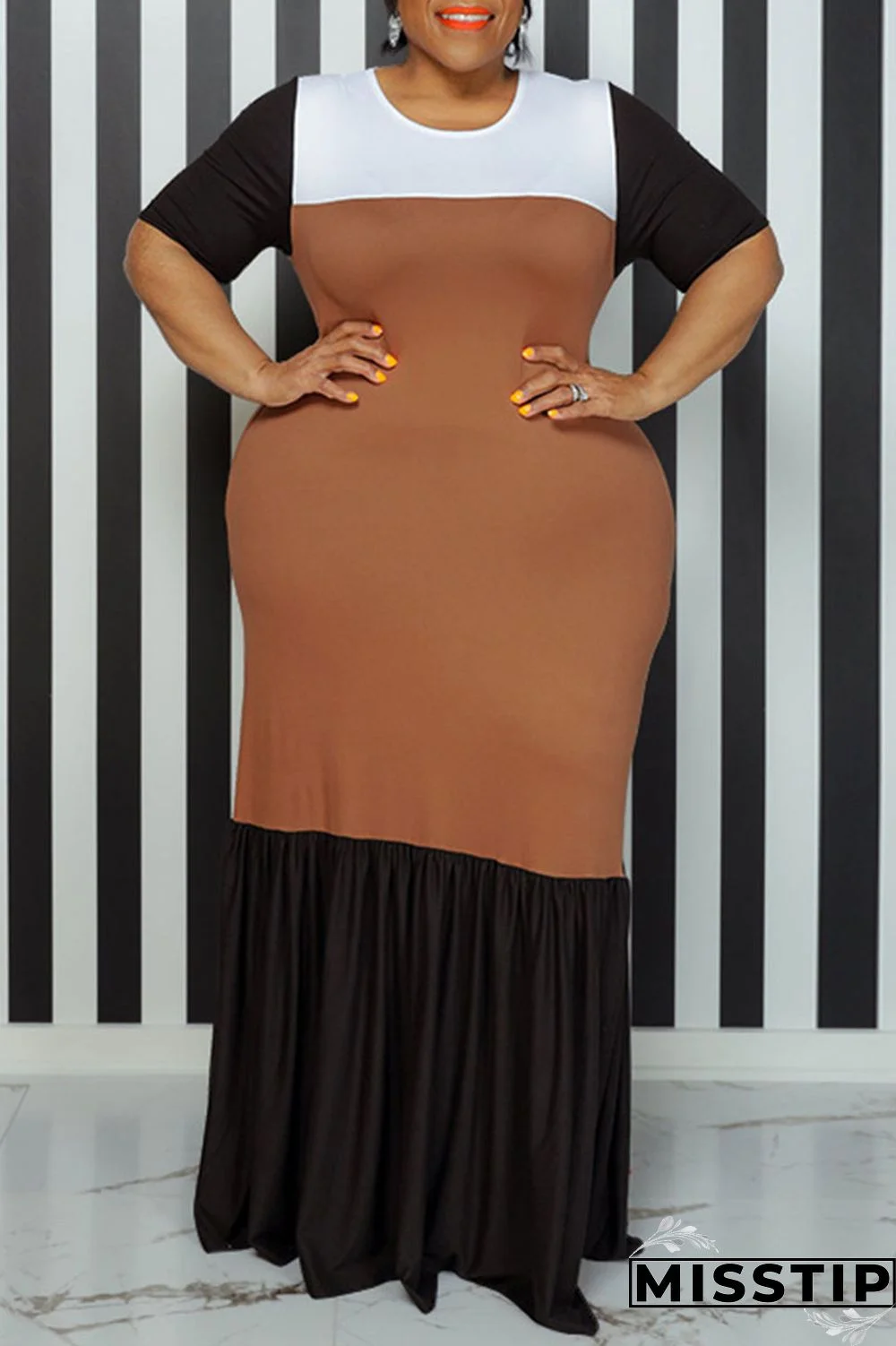 Black Casual Solid Patchwork O Neck Straight Plus Size Dresses