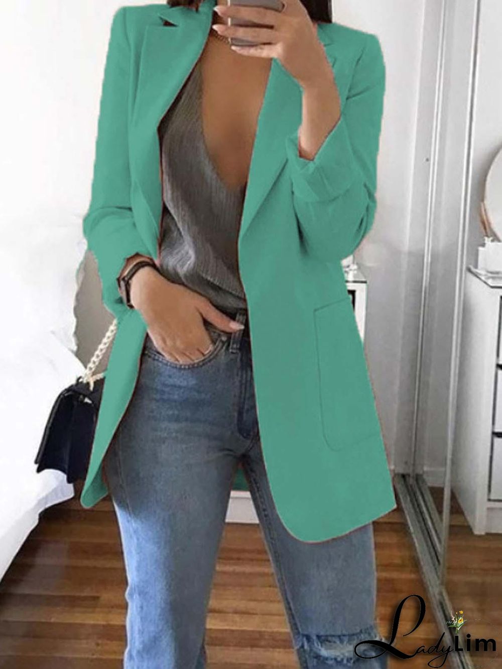 Laper Collar Double Button Pocket Side Pea Coat