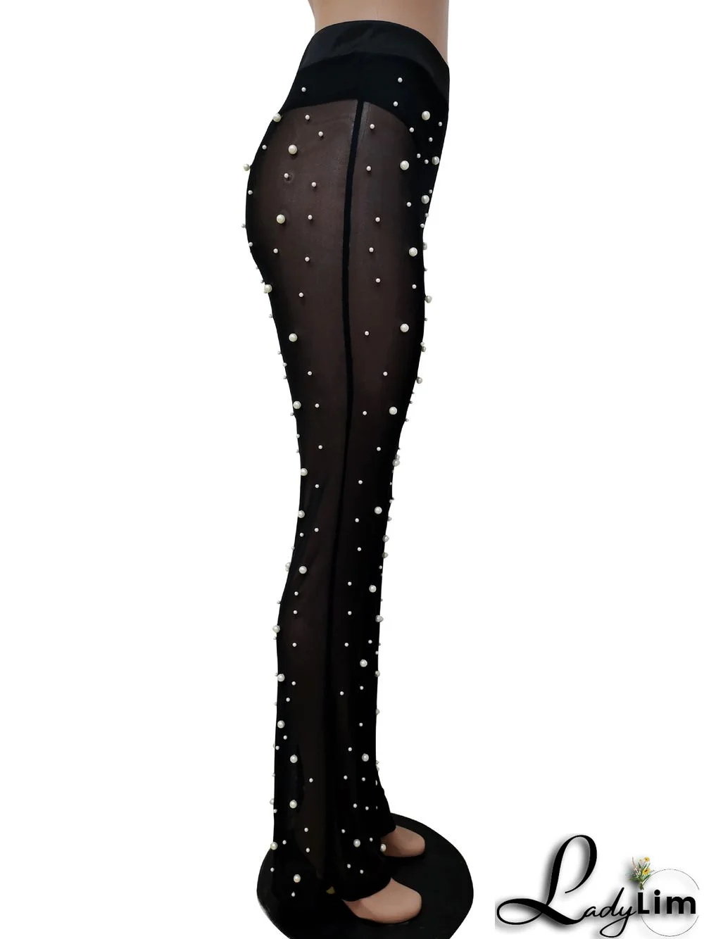 Autumn and winter women's elastic mesh bead trousers with bottoms