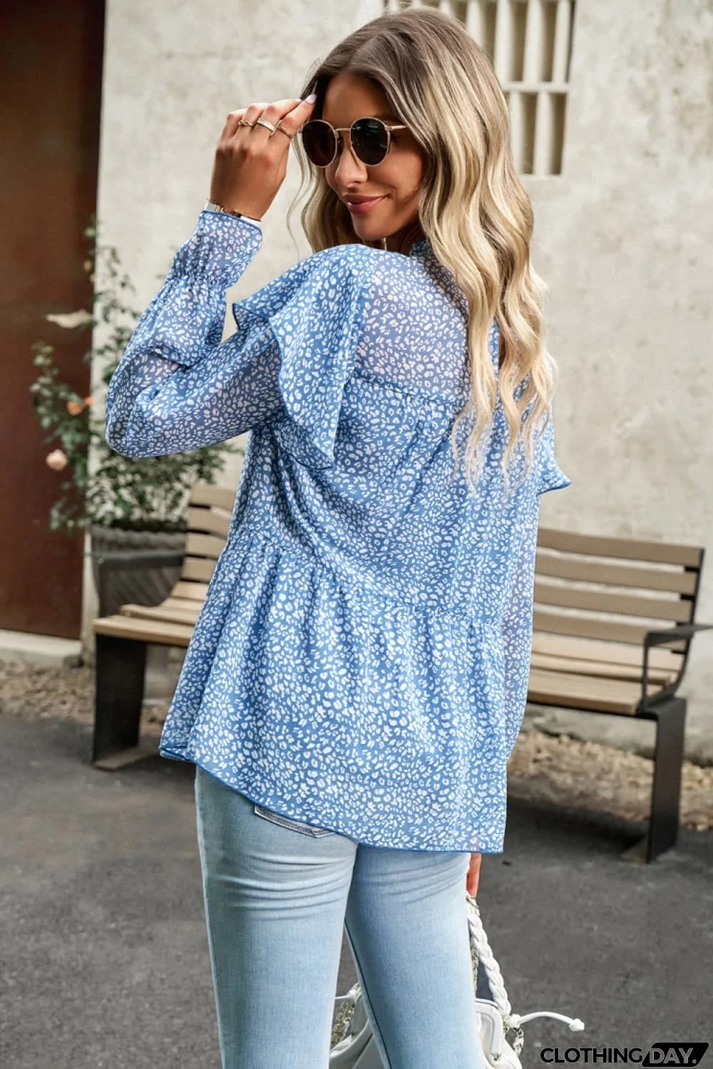 Printed Round Neck Flounce Sleeve Blouse