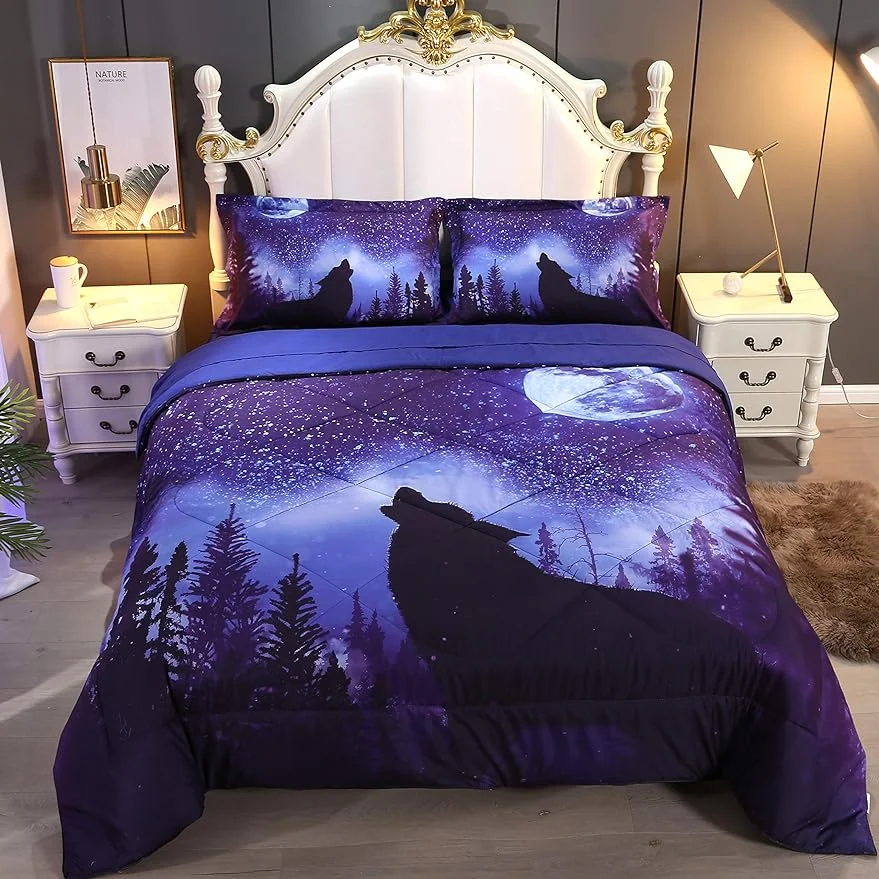 Wolf Bedding Sets for Boys and Girls 5-Piece Full, Premium Wolf Bed in a Bag, 3D Horse Comforter Set, Comfortable and Soft Kids Bedding Set