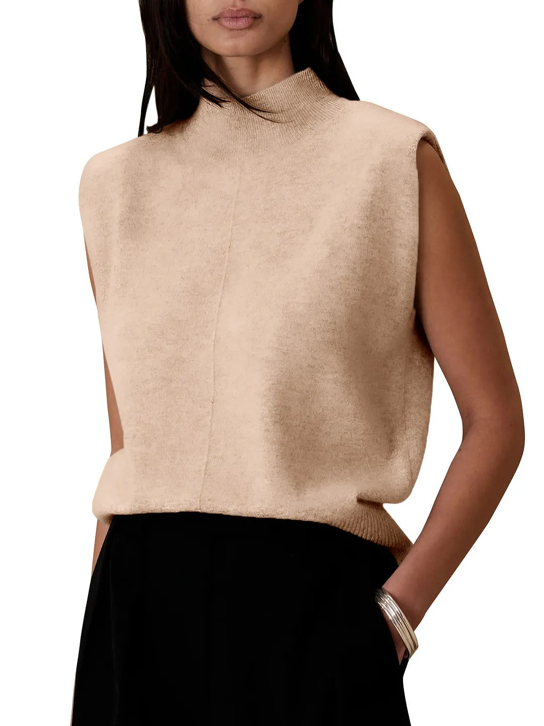 Brownm Pure Color Half Collar Sleeveless Fashion Sweaters
