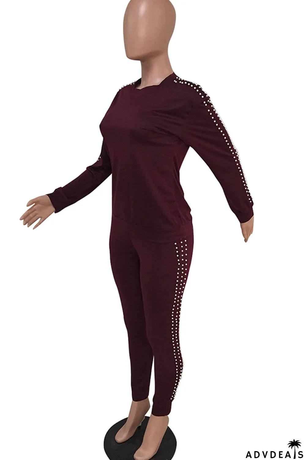 Black Casual Beading Solid Two Piece Suits Patchwork pencil Long Sleeve Two-piece Pants Set