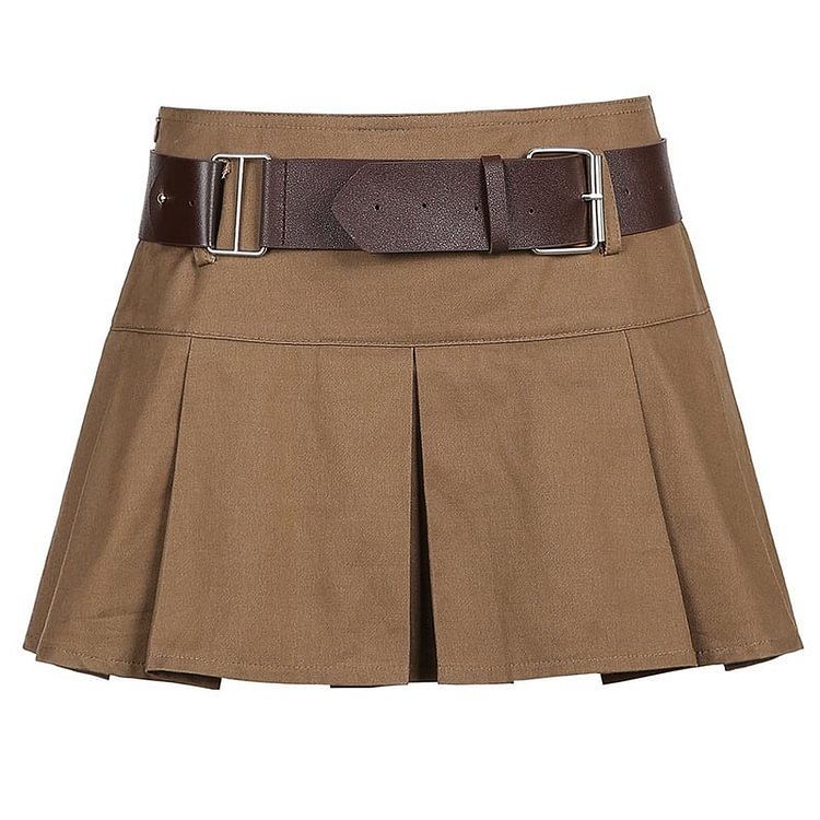 Retro Pure Color Belted Pleated Skirt  - Modakawa modakawa