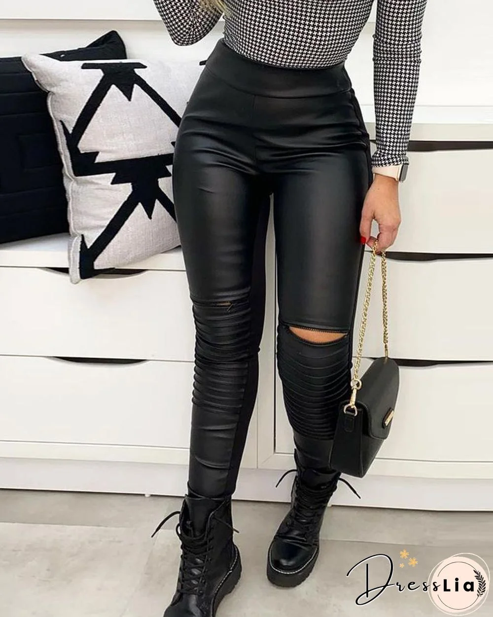 PU Leather Zipper Design Ruched High Waist Pants