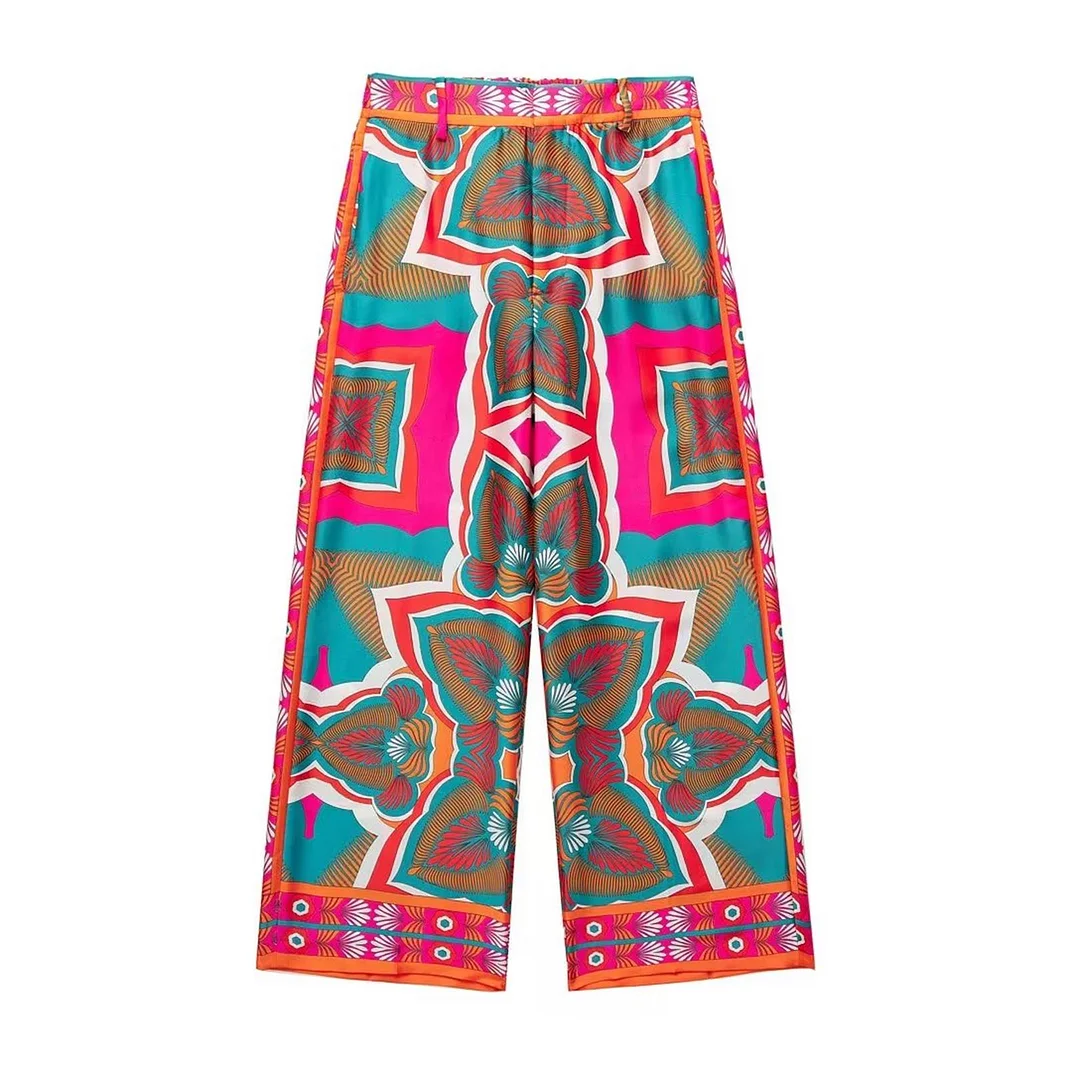 Women Fashion Print  Autumn Shirts Long Pants Set New 2023 Female 3PCS Sets Casual Top With Belt Street Outwear Mujer