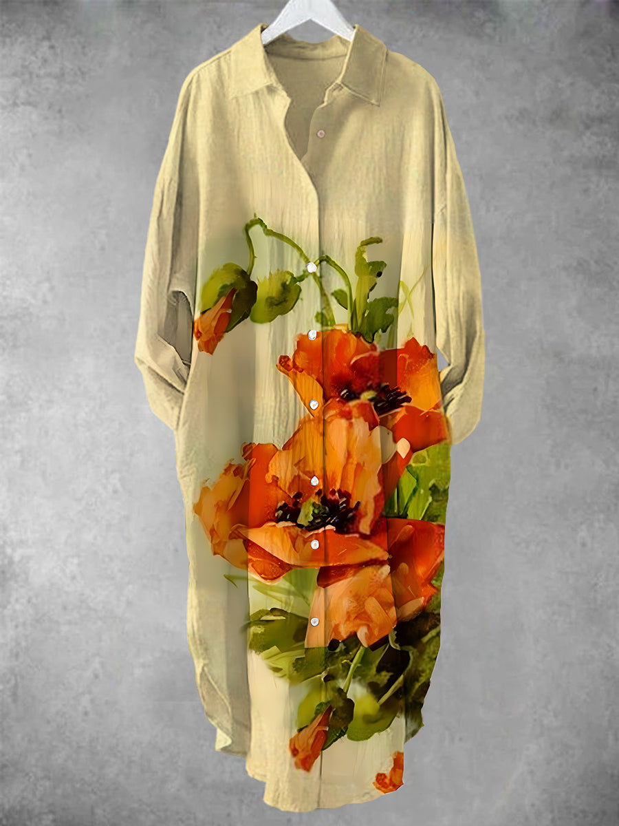 Women's Vintage V-Neck Poppy Art Pattern Midi Shirt Dress