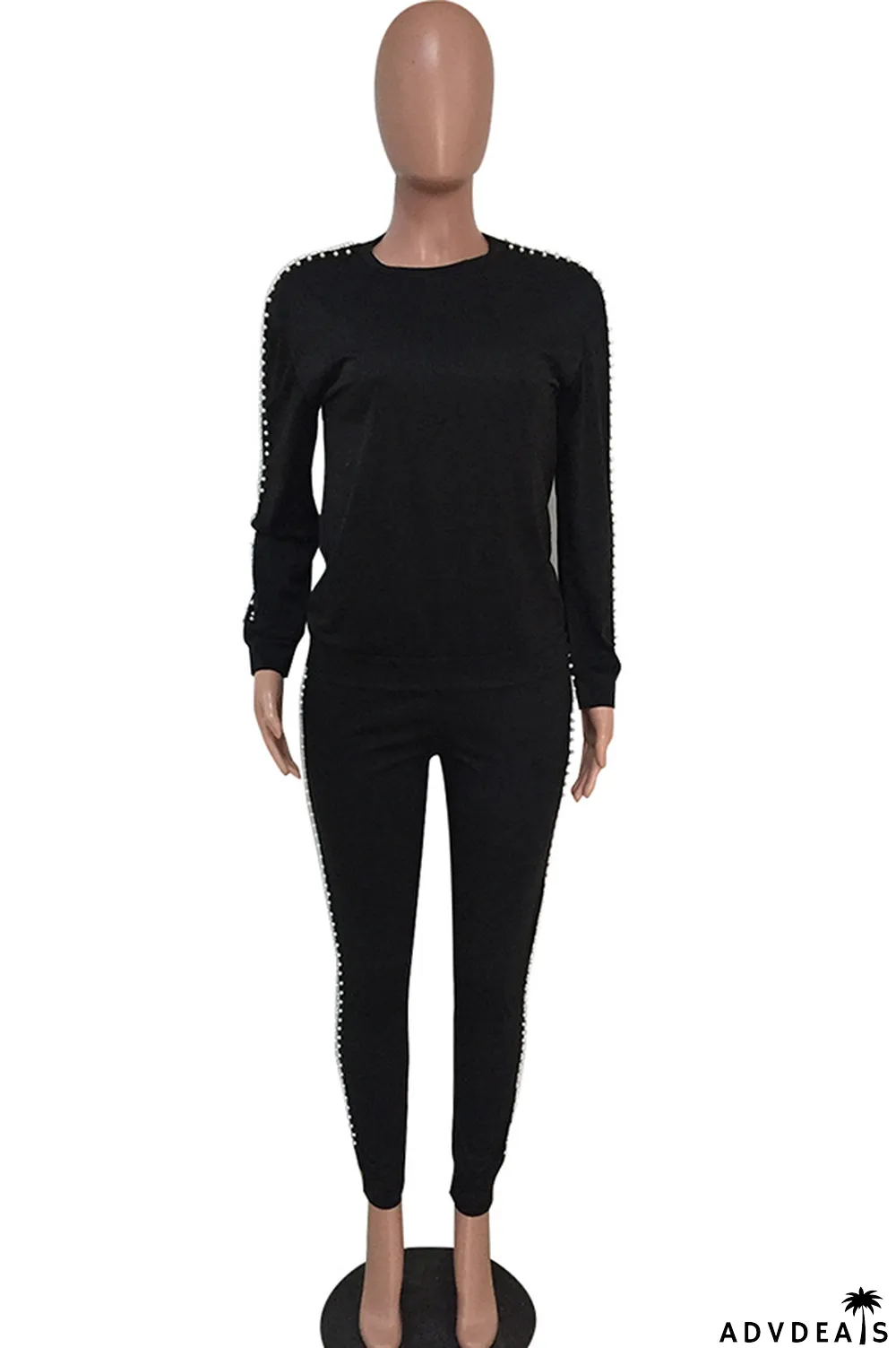 Black Casual Beading Solid Two Piece Suits Patchwork pencil Long Sleeve Two-piece Pants Set