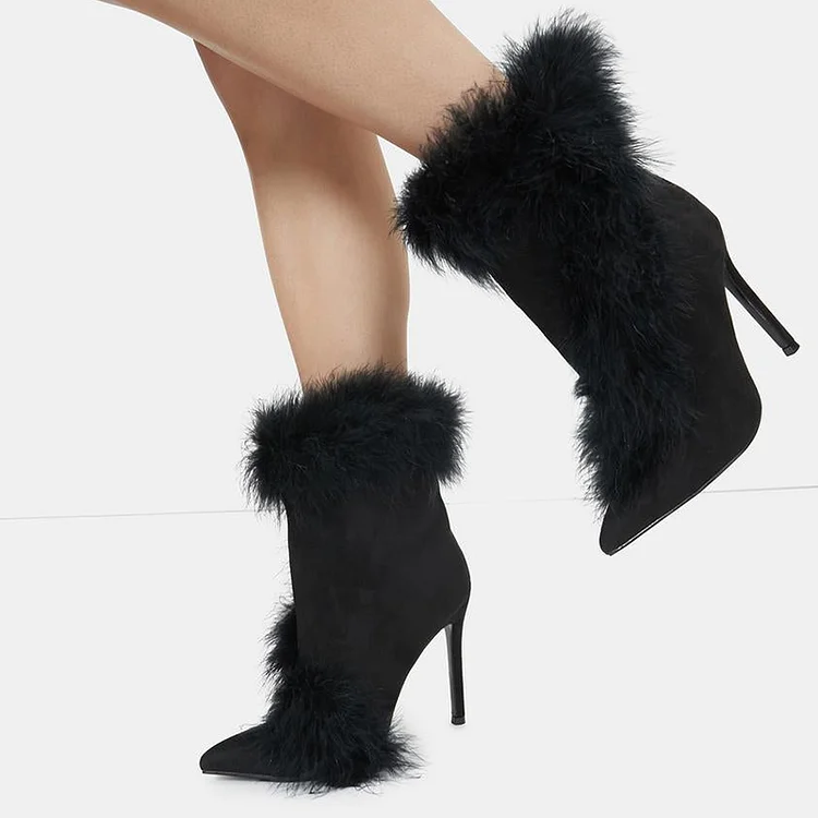 Black Pointed Toe Vegan Suede Booties Stiletto Heels Fur Boots |FSJ Shoes