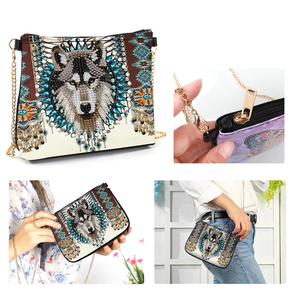 5D Diamond Painting Crossbody Chain Bags PU Diamond Art Purses (Wolf)