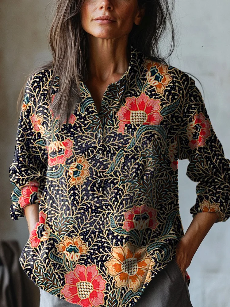 Women's  Flowers Art Print  Casual Cotton And Linen Shirt