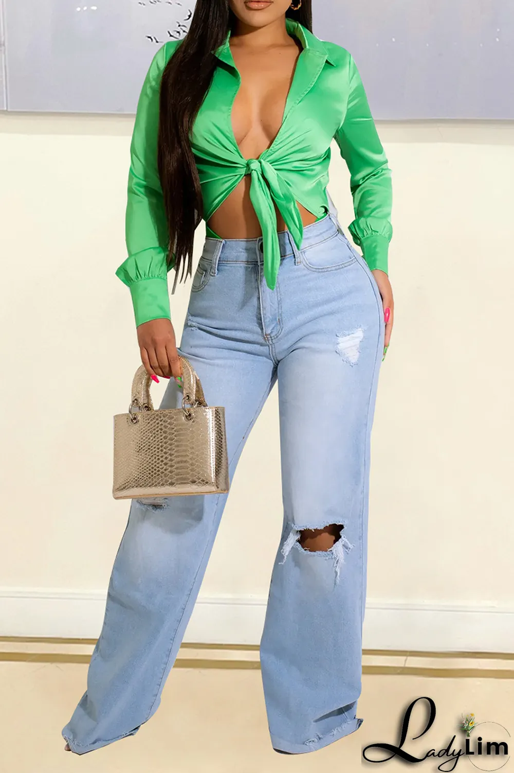 Green Casual Solid Patchwork Turndown Collar Tops