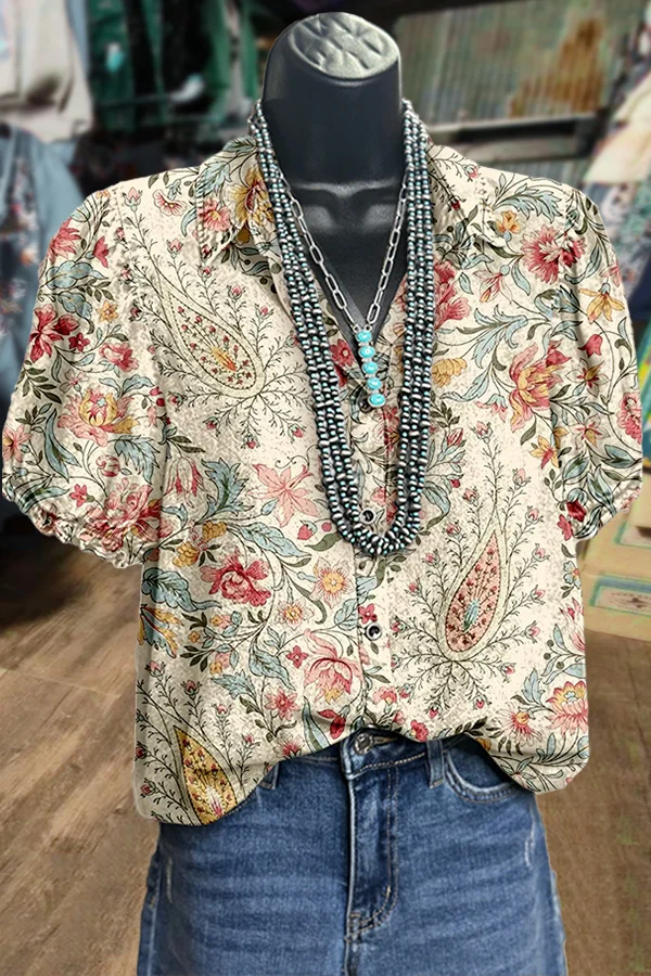 Vintage Floral Print Puff Sleeve Top