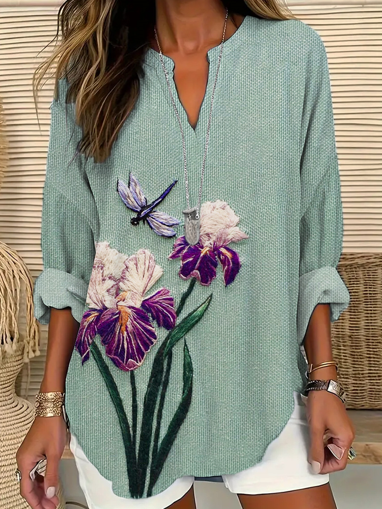 Comstylish Dragonfly & Orchid Embroidery Linen V-Neck Shirt