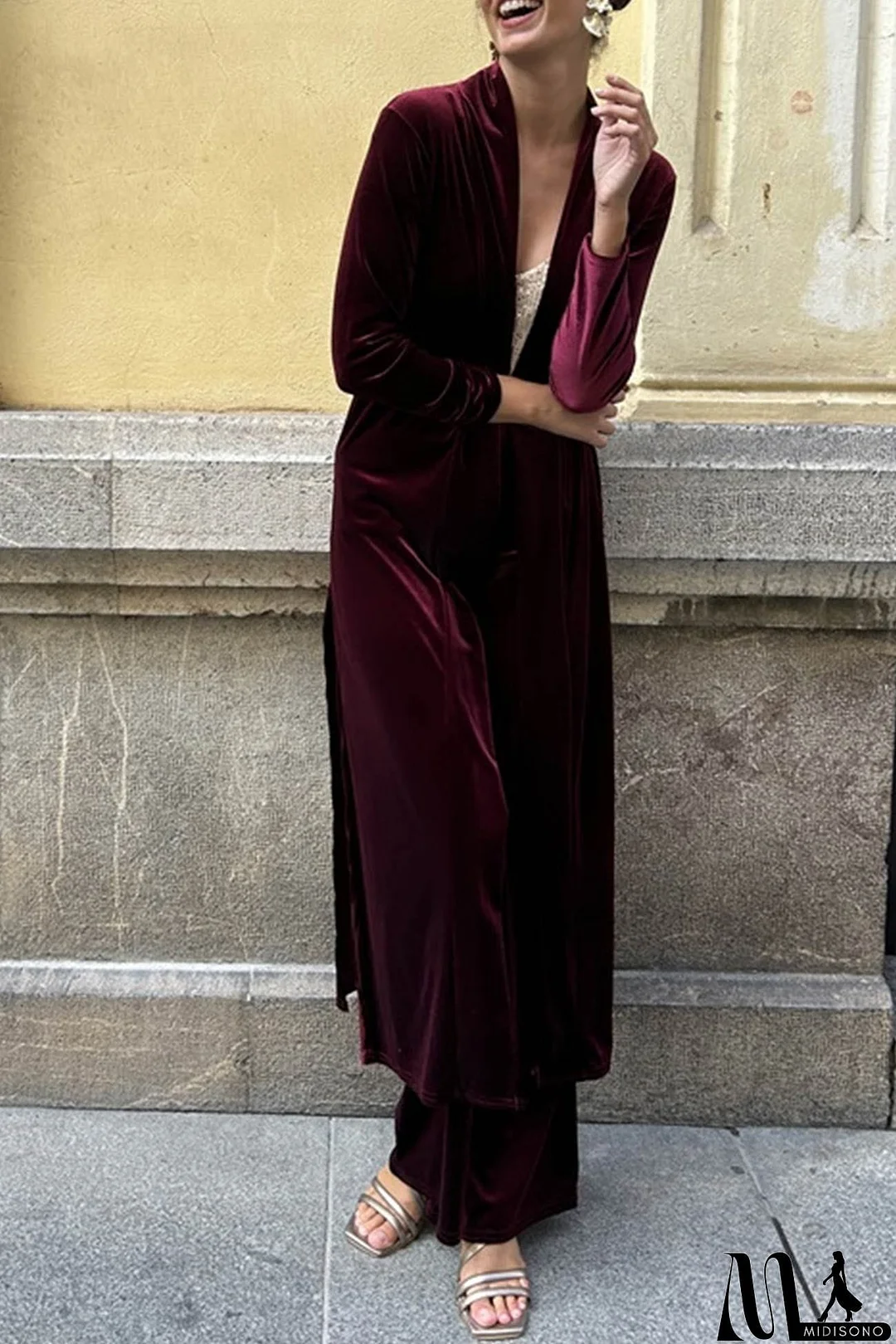 MidiSono - Velvet Slit Long Cardigan Two-piece Pants Suits