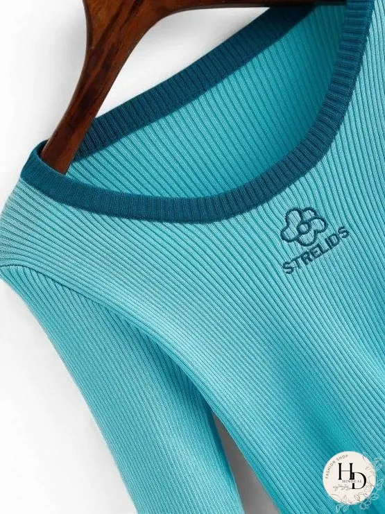 Crew Neck Embroidered Ribbed Knitwear for Women