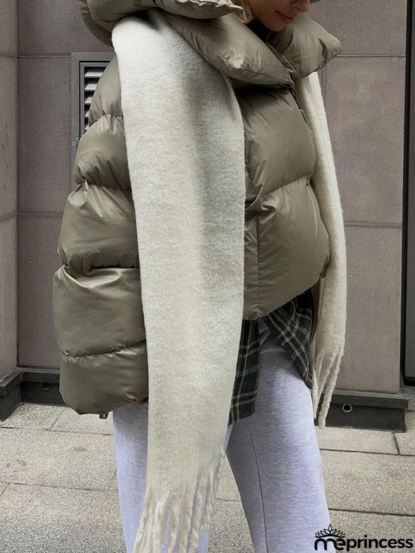 Long Sleeves Loose Solid Color Split-Joint Hooded Padded Coat