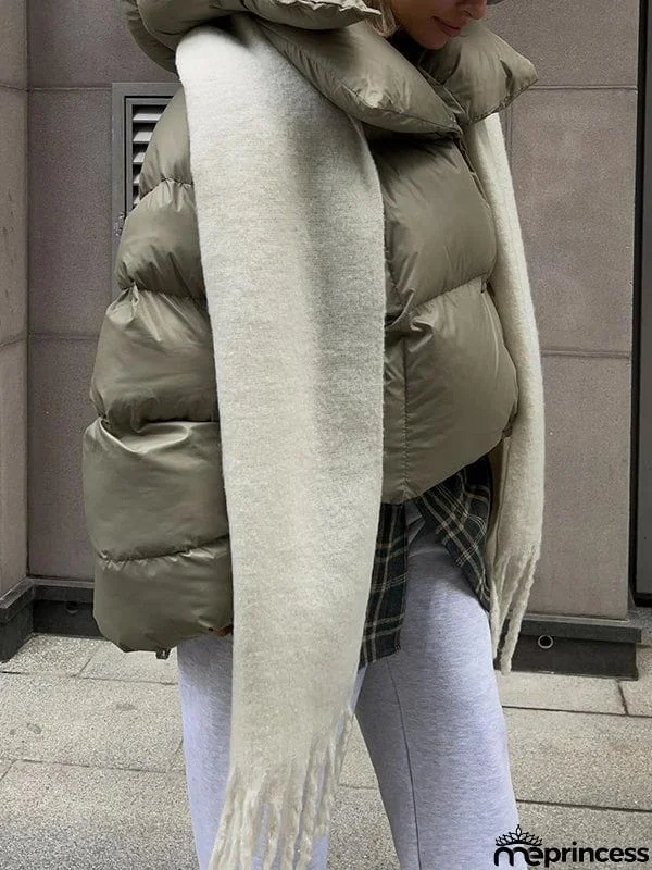 Long Sleeves Loose Solid Color Split-Joint Hooded Padded Coat