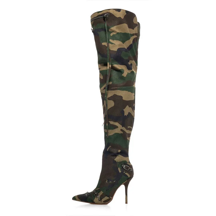 Women's Green Camouflage Stilettos Thigh High Boots with Zipper |FSJ Shoes