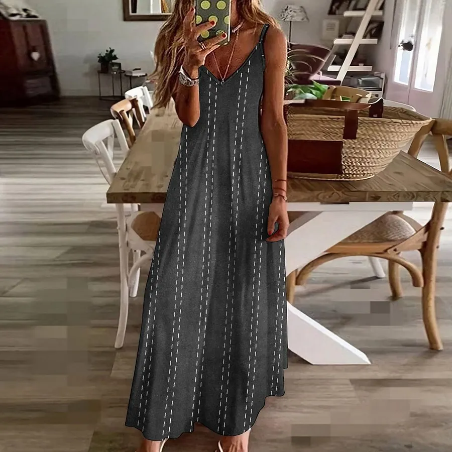 Black Vintage Pinstripe Women's Casual Strappy V Neck Sleeveless Flowy Loose Long Maxi Beach Dress Sundress Black-2XL