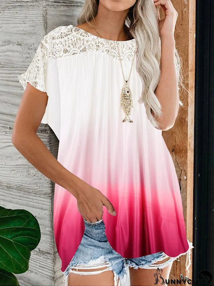 Women Short Sleeve Scoop Neck Lace Gradient Tops